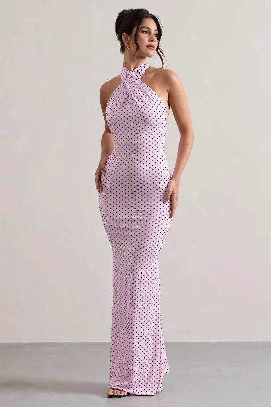 Invincible | Pink Polka Dot Cross Over Halter-Neck Open-Back Maxi Dress