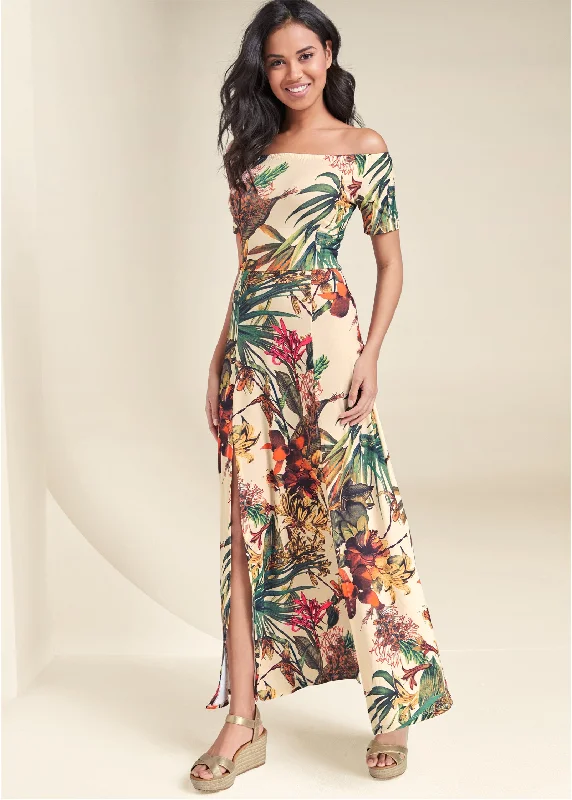 Off-the-shoulder maxi dress - White Multi