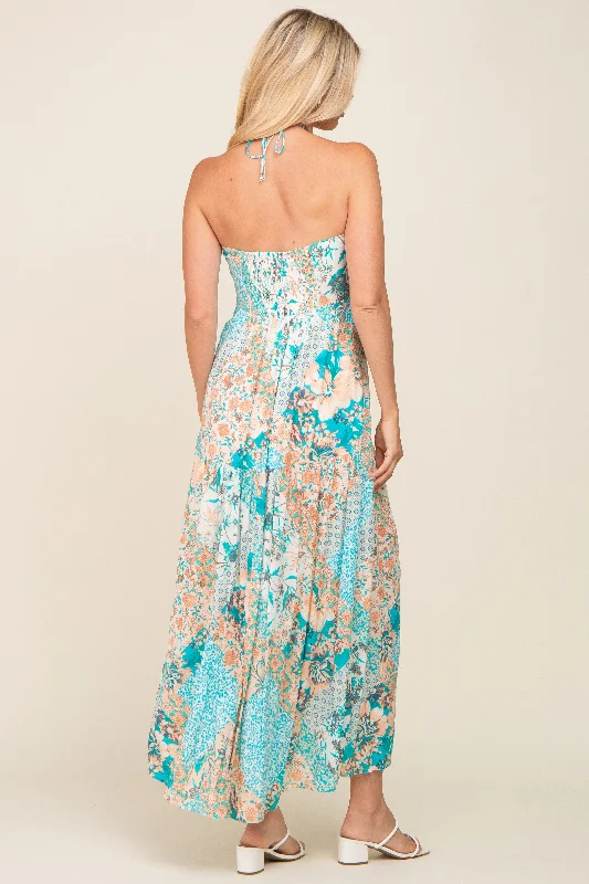 Jade Floral Halter Front Tie Maxi Dress