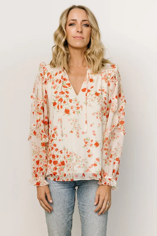 Karlie Long Sleeve Ruffle Top | Ivory + Red Multi