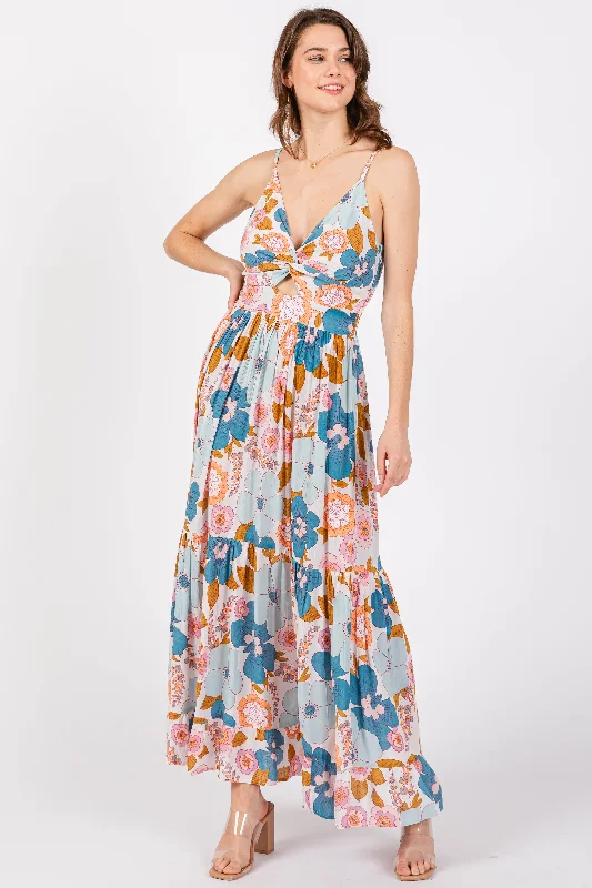 Light Blue Floral Sleeveless Maxi Dress