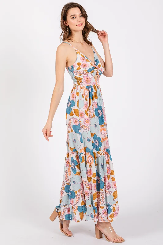 Light Blue Floral Sleeveless Maxi Dress