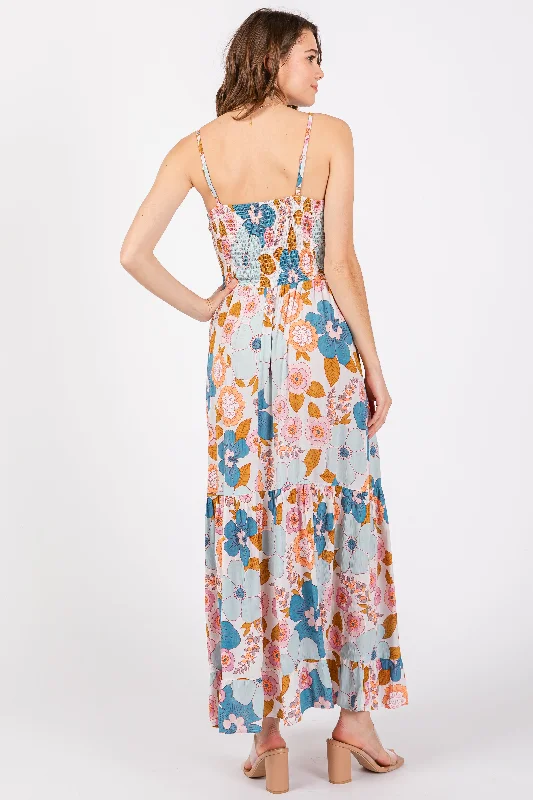 Light Blue Floral Sleeveless Maxi Dress