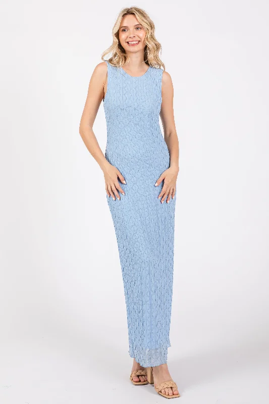 Light Blue Mesh Overlay Midi Dress