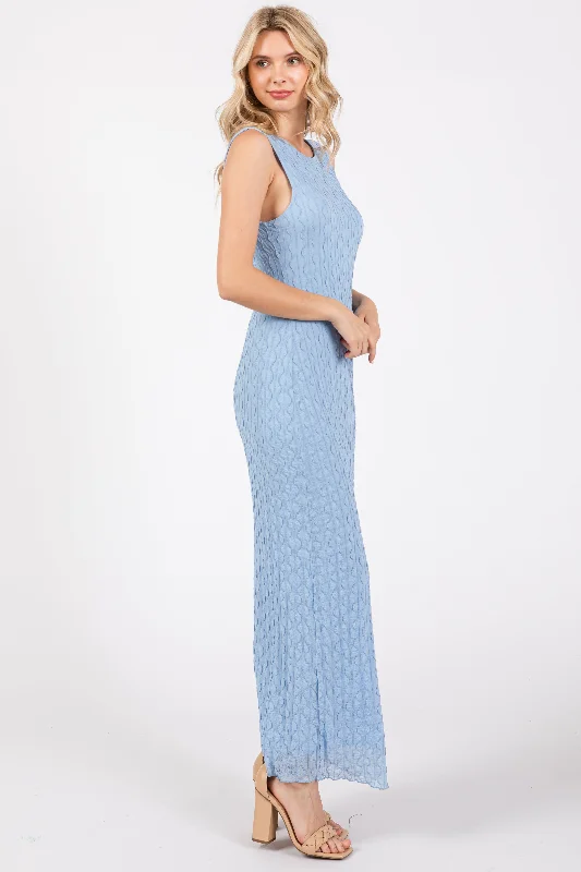 Light Blue Mesh Overlay Midi Dress