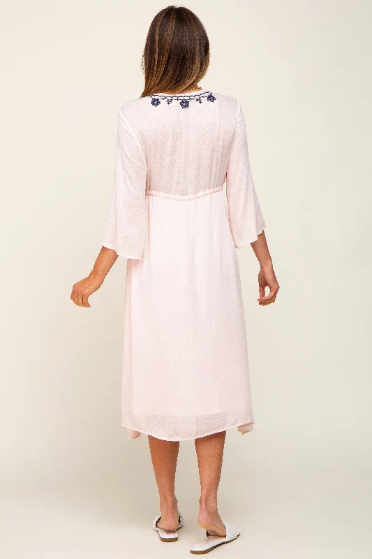 Light Pink Floral Embroidered 3/4 Sleeve Midi Dress