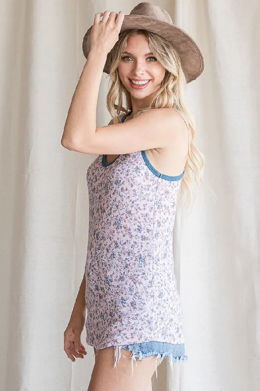 Light Pink Floral V-Neck Tank Top