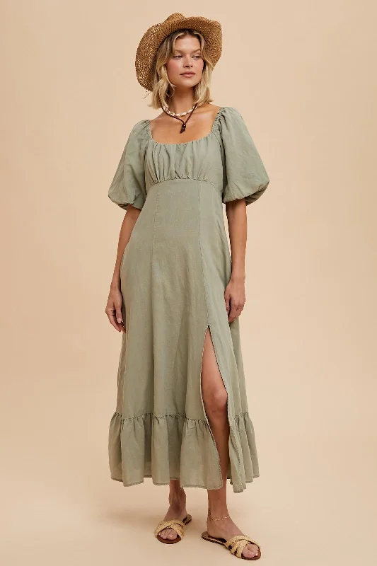 Light Sage Linen Fit And Flare Dress