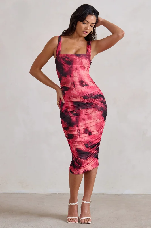 Lisbon | Pink Printed Square Neck Ruched Midi Dress