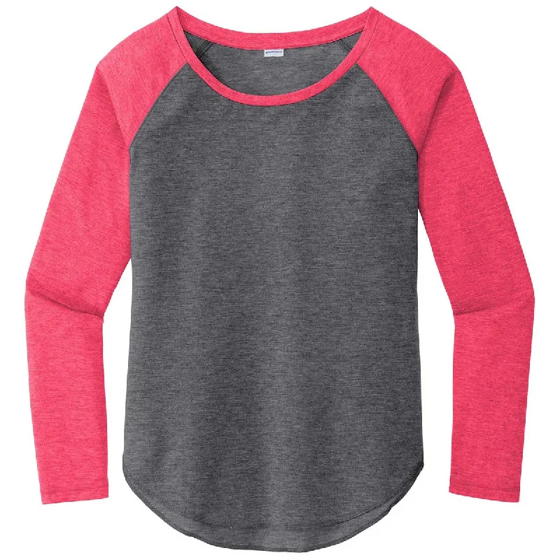 Sport-Tek Women's Pink Raspberry Heather/Dark Grey Heather PosiCharge Long Sleeve Tri-Blend Wicking Scoop Neck Raglan Tee