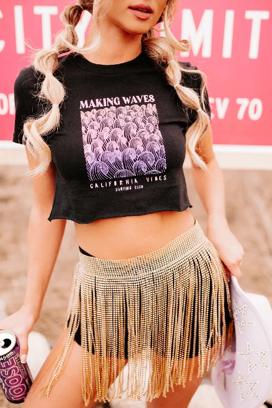 ""Making Waves"" Raw Hem Graphic Crop Tee (Black) - Print On Demand