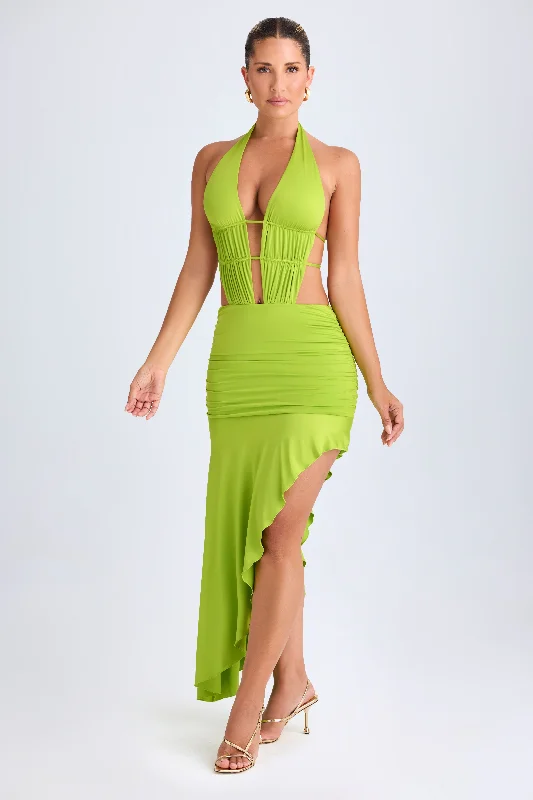 Asymmetric Cut-Out Halterneck Midaxi Dress in Lime Green