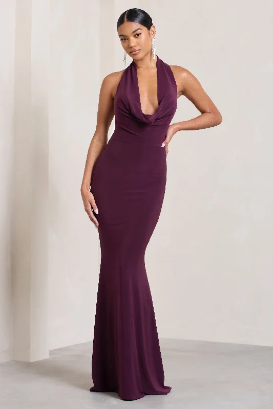 Milani | Plum Backless Cowl Neck Fishtail Maxi Dress