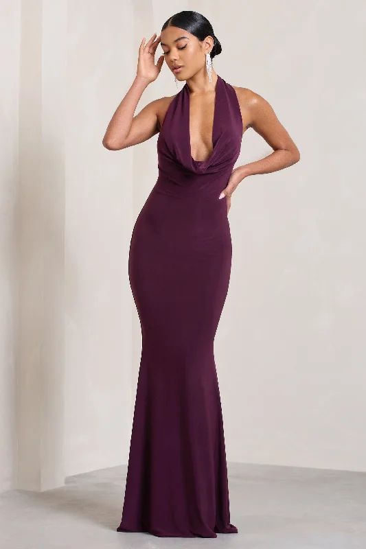 Milani | Plum Backless Cowl Neck Fishtail Maxi Dress