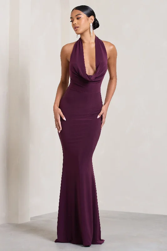 Milani | Plum Backless Cowl Neck Fishtail Maxi Dress