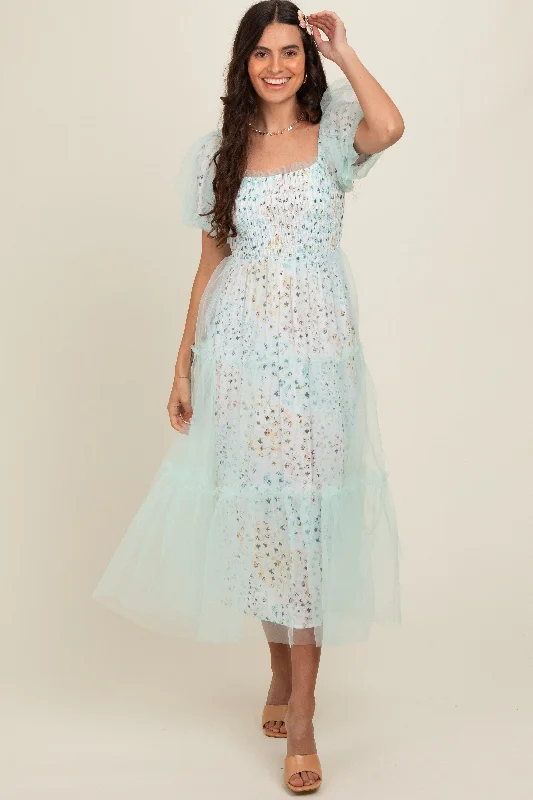 Mint Green Floral Lined Smocked Tulle Midi Dress