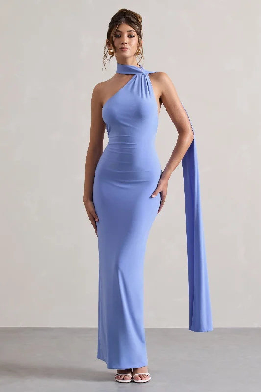 Miss | Pale Blue One Shoulder Backless Maxi Dress With Scarf