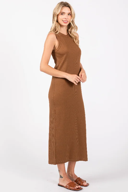 Mocha Ribbed Knit Sleeveless Dress