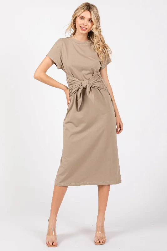 Mocha Tie Front Round Neck Knit Midi Dress