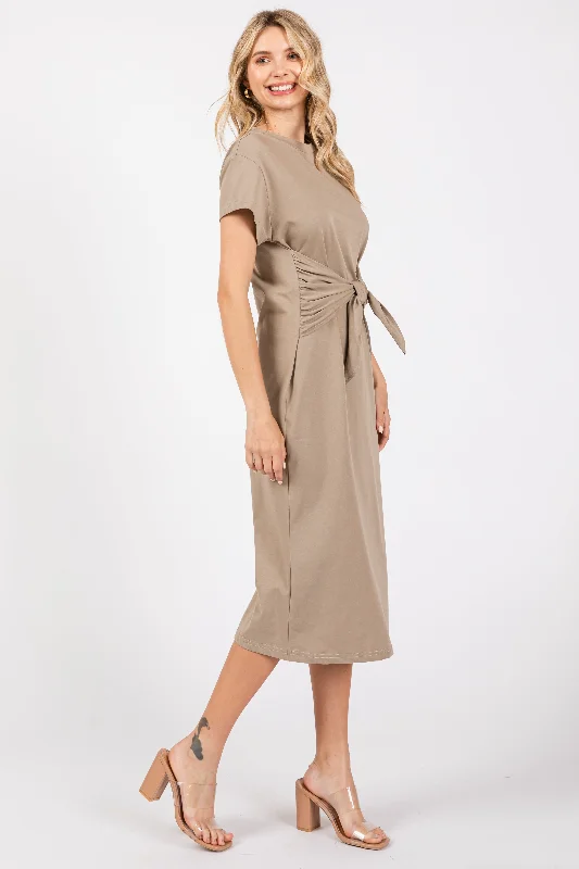 Mocha Tie Front Round Neck Knit Midi Dress