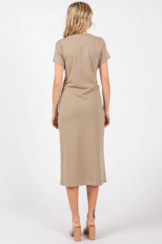 Mocha Tie Front Round Neck Knit Midi Dress