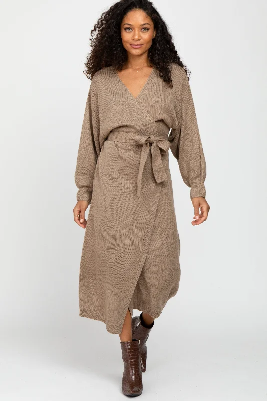 Mocha Wrap Sweater Knit Midi Dress