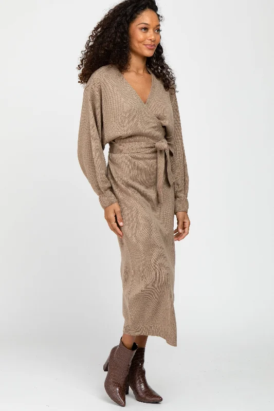 Mocha Wrap Sweater Knit Midi Dress