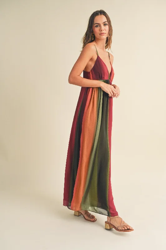 Multi-Color Ombre Chiffon V-Neck Maxi Dress