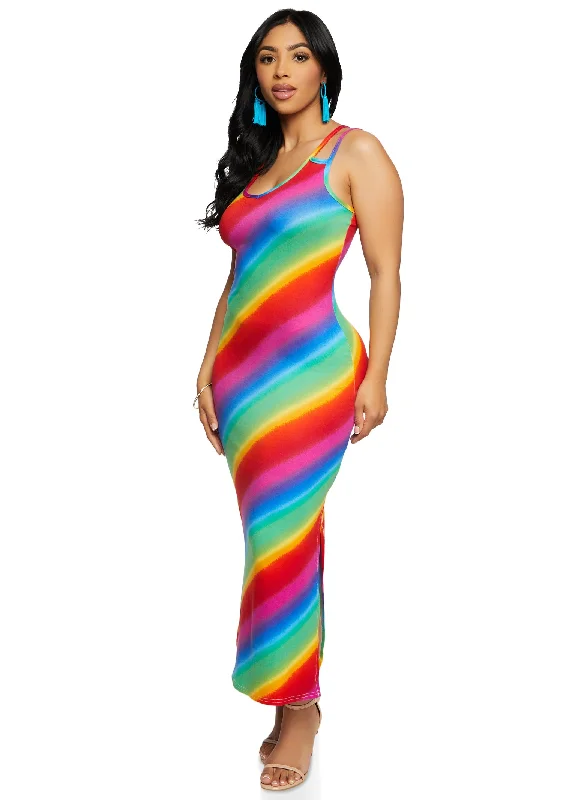 Rainbow Striped Double Strap Maxi Tank Dress