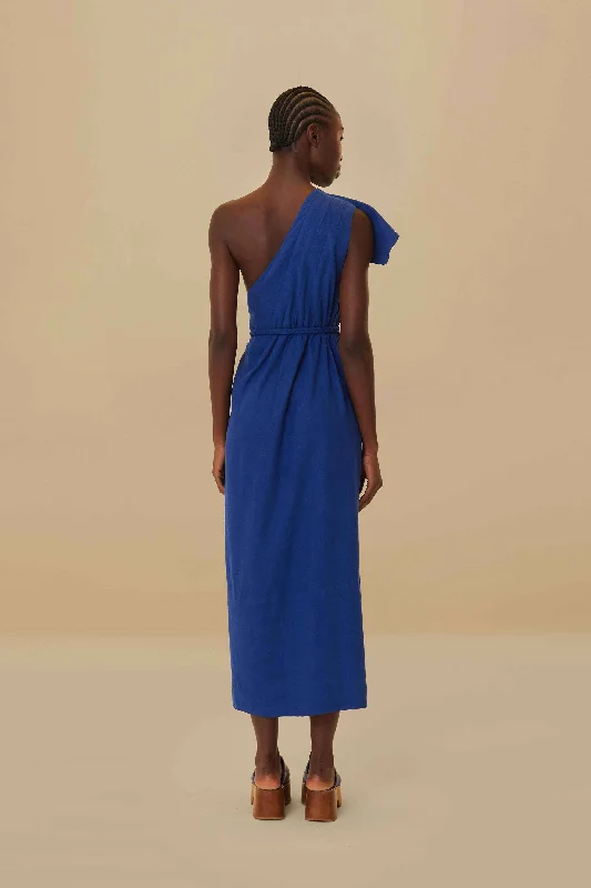 Navy Blue One Shoulder Leaf Lenzing™ Ecovero™ Euroflax™ Maxi Dress