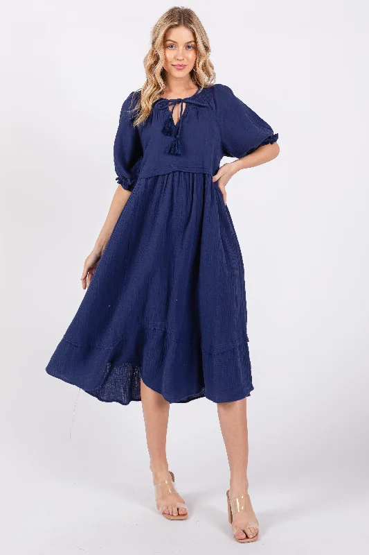 Navy Blue Tassel Tie Midi Dress