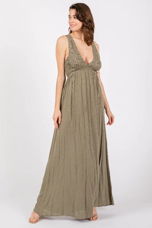 Olive Deep V-Neck Cross Back Maxi Dress