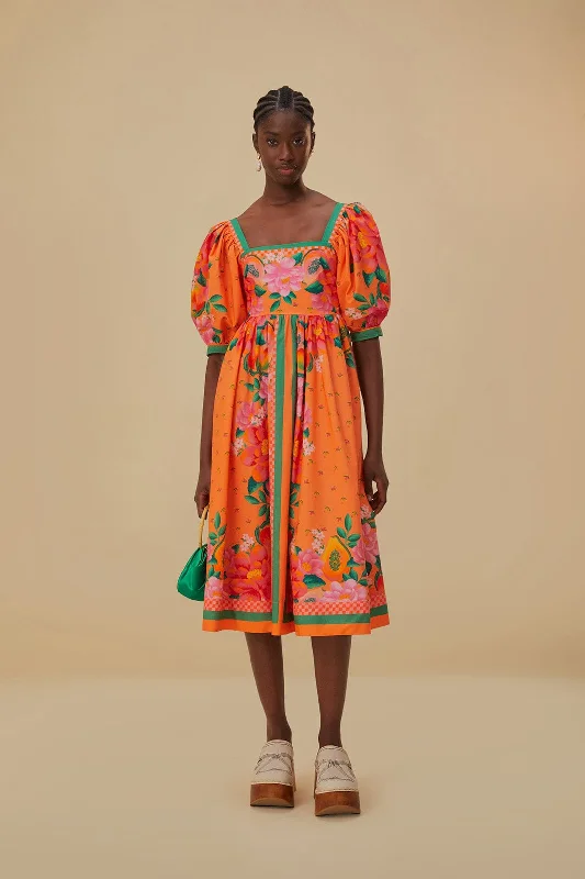 Orange Fruit Garden Scarf Midi Dress