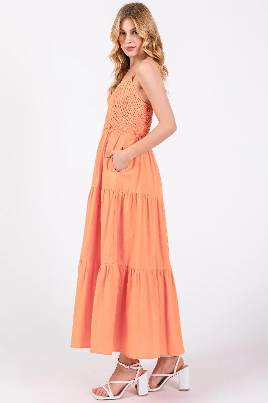 Orange Smocked V-Neck Sleeveless Tiered Midi Dress