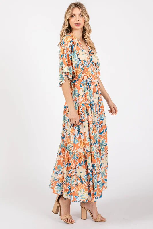 Peach Floral Dolman Sleeve Tiered Dress