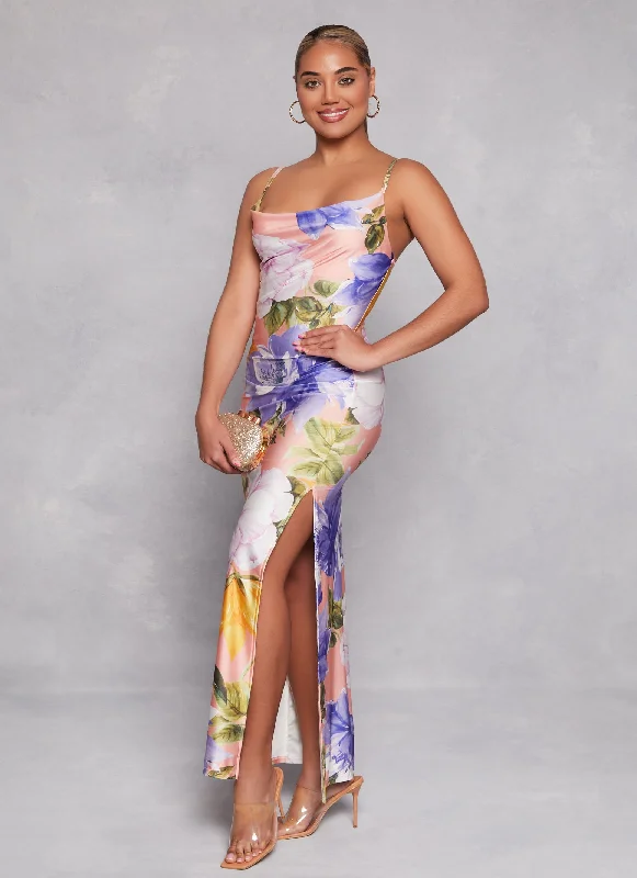 Haute Monde Floral Print Side Slit Maxi Dress