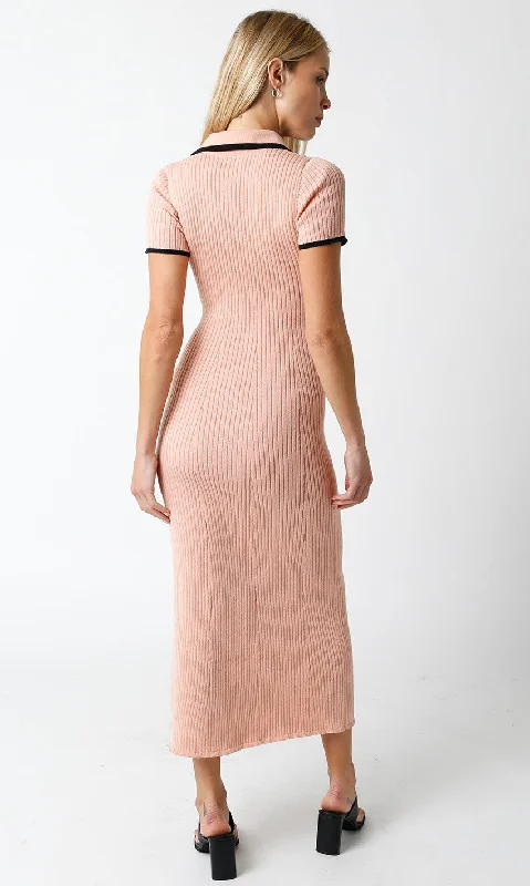 Peach Ribbed Knit Collared Button Front Dress