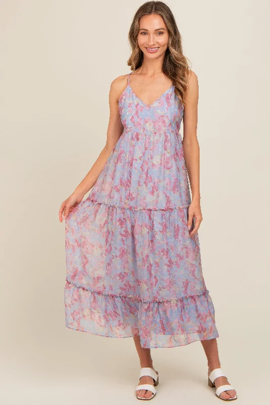 Periwinkle Abstract Floral Crisscross Back Maxi Dress