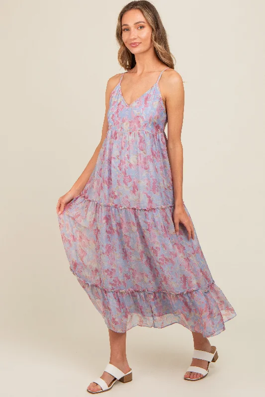 Periwinkle Abstract Floral Crisscross Back Maxi Dress