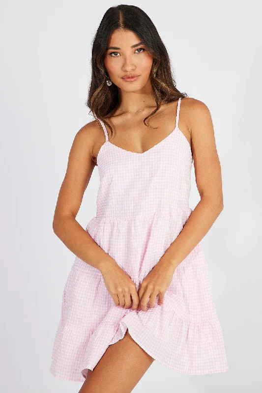 Pink Check Fit and Flare Dress Sleeveless Tiered