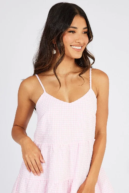 Pink Check Fit and Flare Dress Sleeveless Tiered