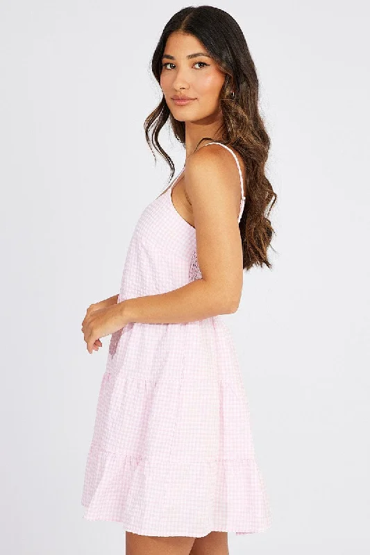 Pink Check Fit and Flare Dress Sleeveless Tiered