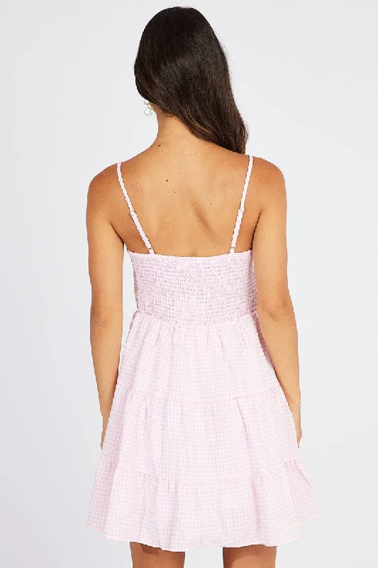 Pink Check Fit and Flare Dress Sleeveless Tiered