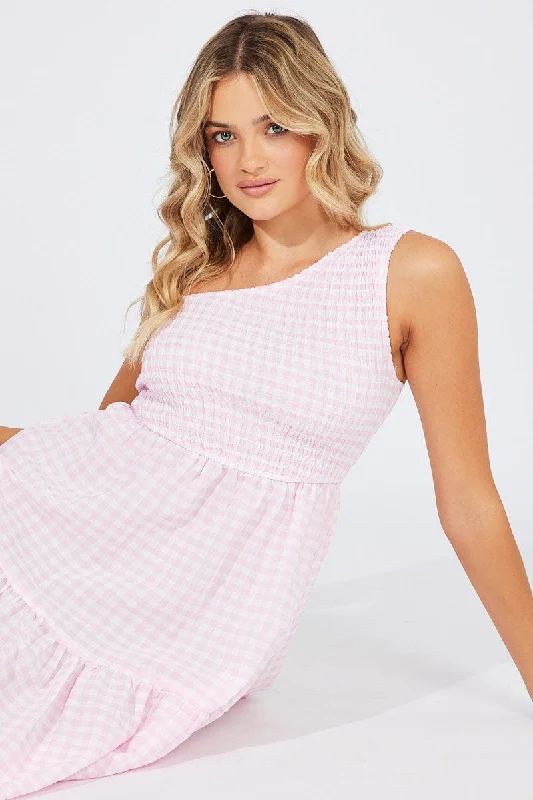 Pink Check Midi Dress One Shoulder