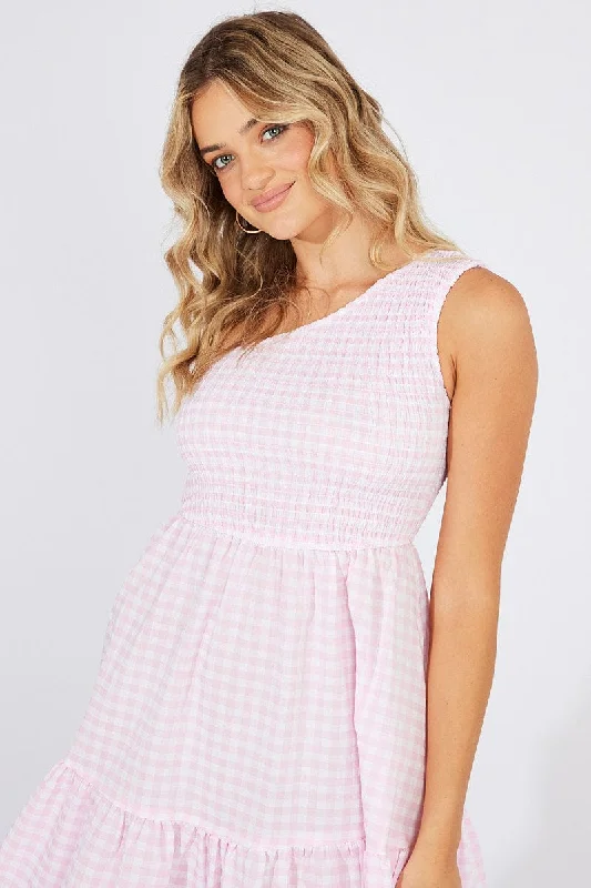 Pink Check Midi Dress One Shoulder