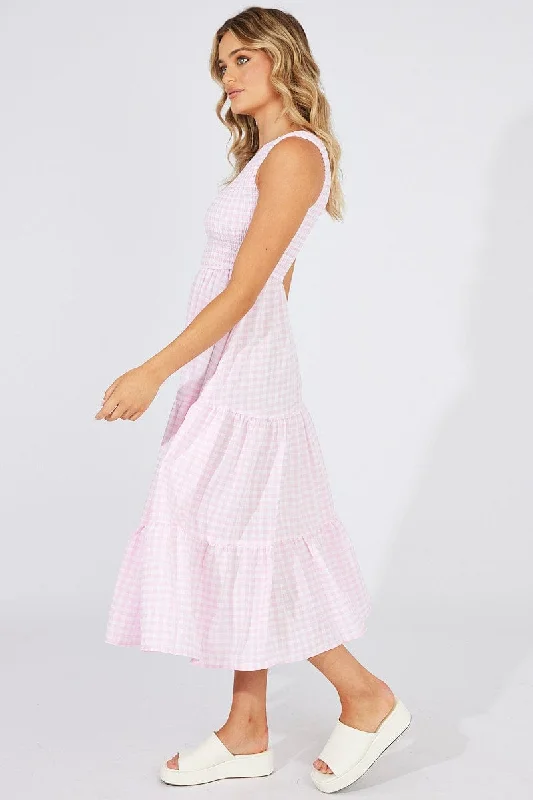 Pink Check Midi Dress One Shoulder