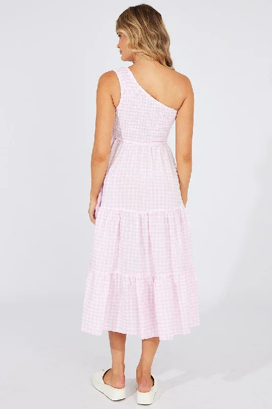 Pink Check Midi Dress One Shoulder