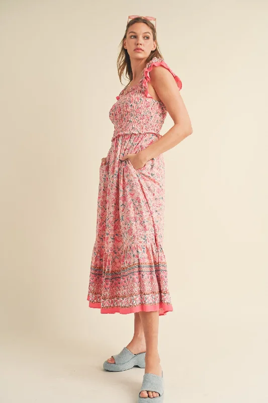 Pink Floral Smocked Midi Dress