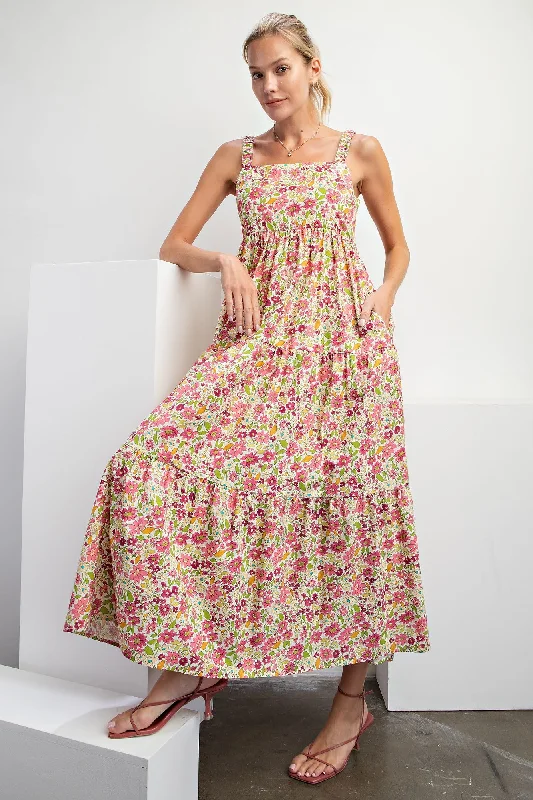 Pink Floral Square Neck Cut Out Back Tiered Maxi Dress