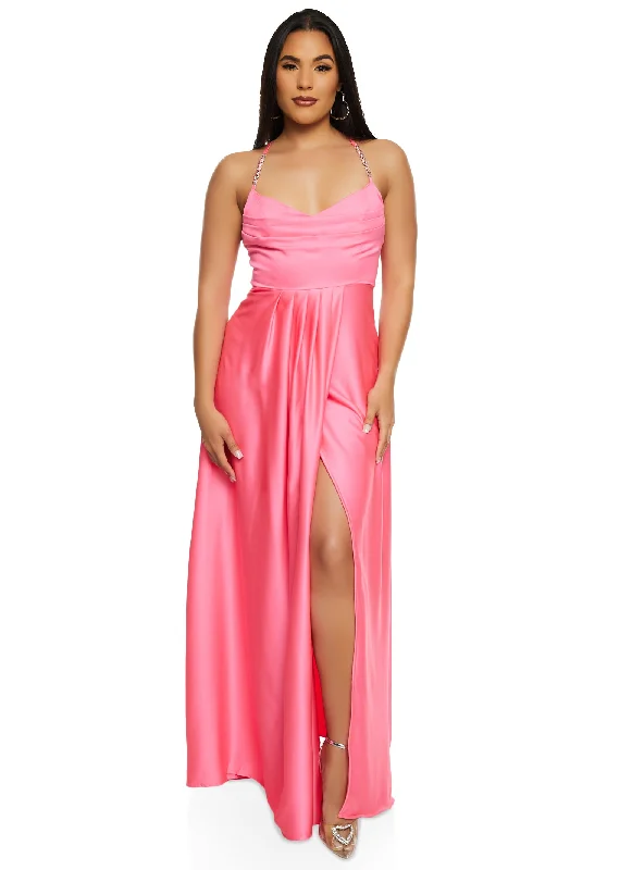 Haute Monde Rhinestone Strap Satin Maxi Dress